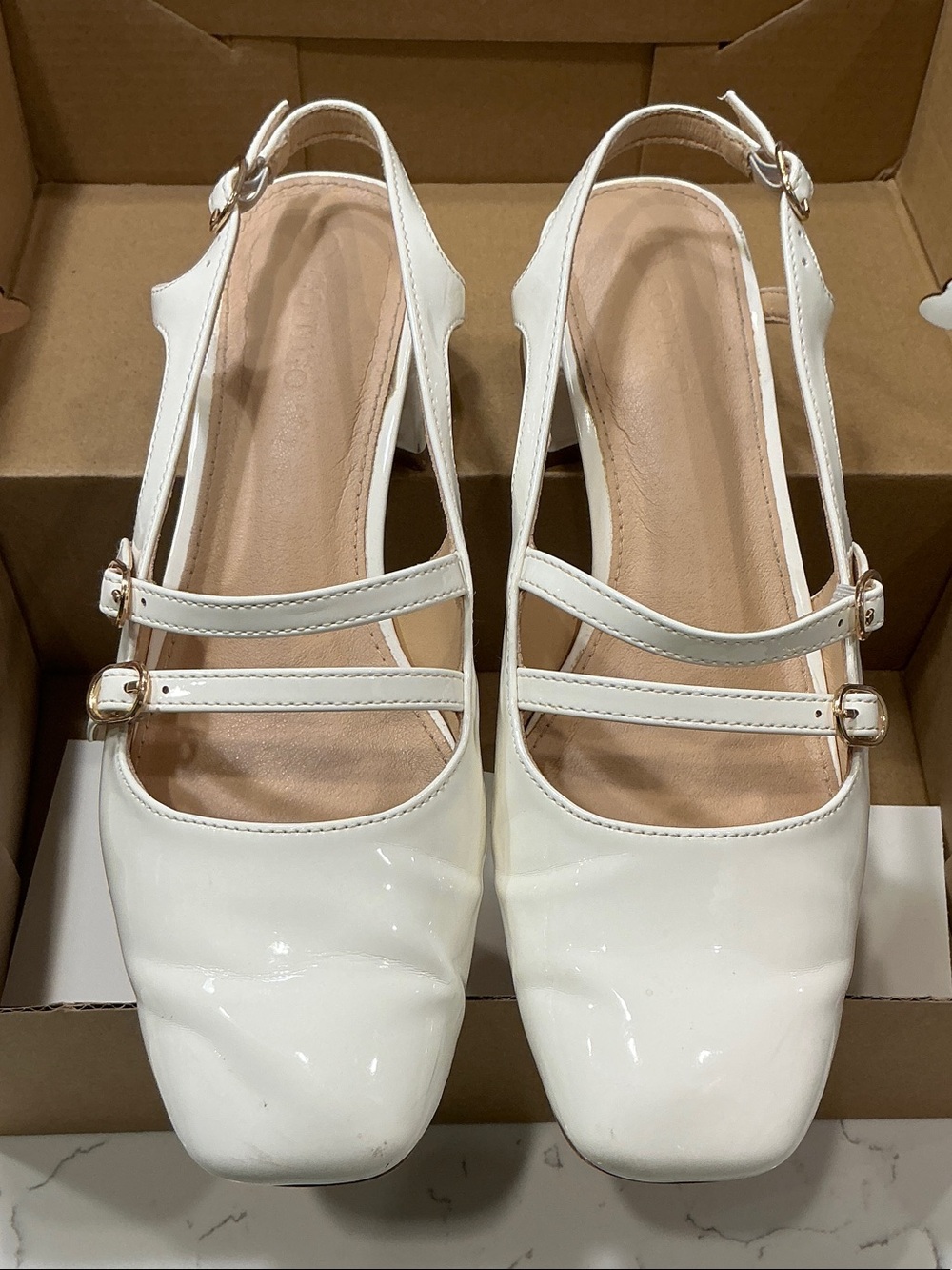 Classic White Patent Slingback Heels with Double Straps